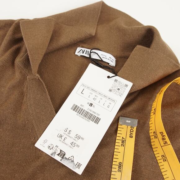 NWT Zara Cotton Linen Lyocell Soft Brown Knit Short Sleeve Polo Mens Sz L - Picture 5 of 7